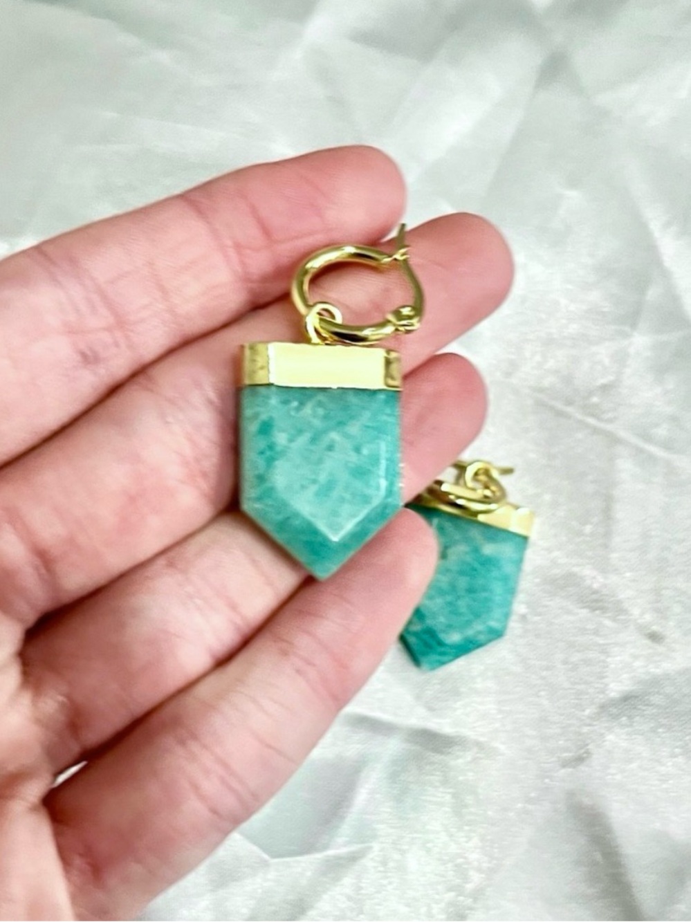 Blue Amazonite Carved Crystal Gold Hoop Earrings